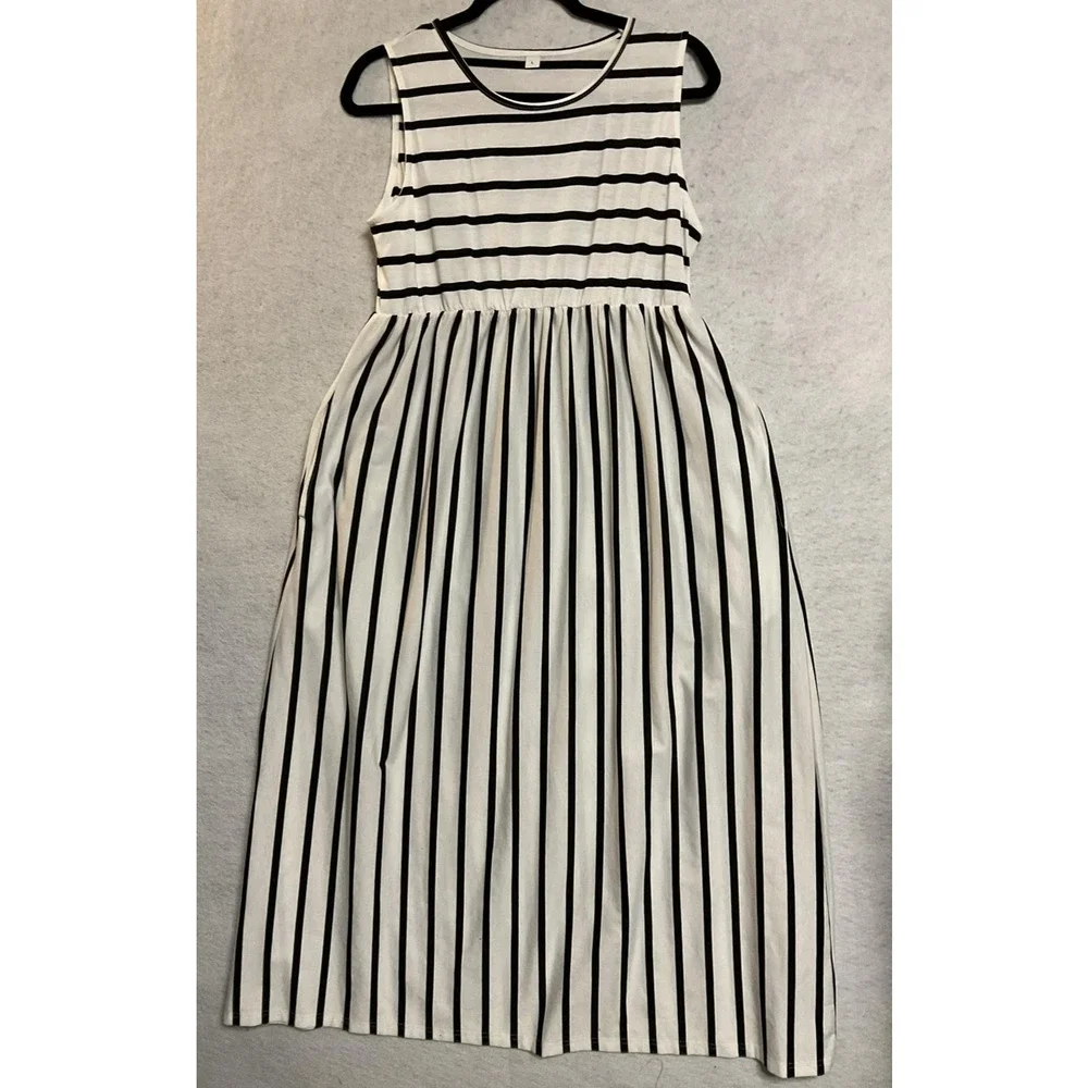 Dress‎ Womens Large White Black Stripe Jersey Maxi Sleeveless Pockets Summer